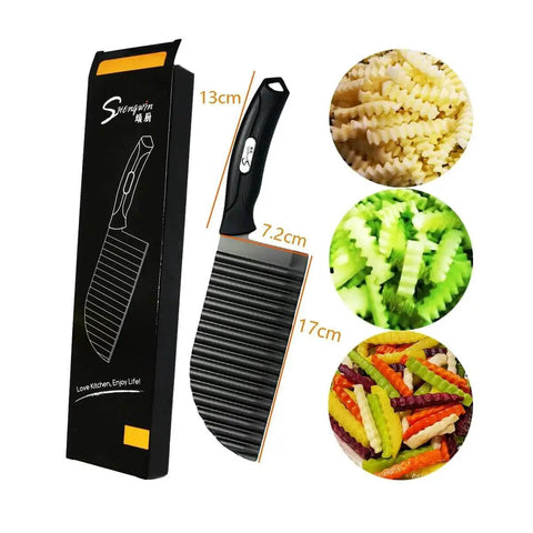 Crinkle Cut Potato Cutter For Veggies And French Fries Stainless Steel Blade 2.9 By 11.8 Inches Wavy Slicer Knife shown with cuts