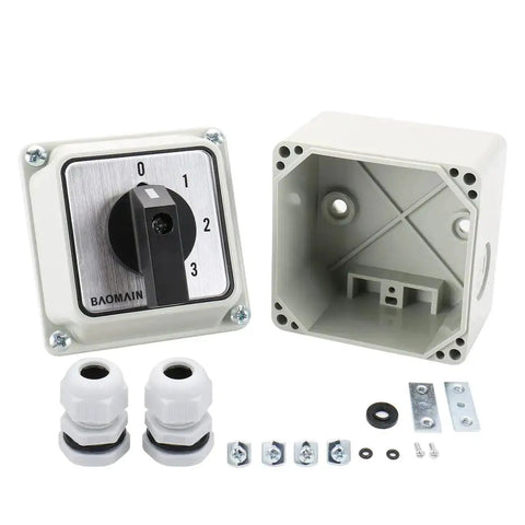 20A 660V Rotary Changeover Switch with IP54 Box and accessories for motor control and generator transfer.