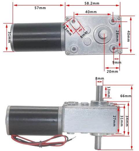 High Torque Gear Motor With Double Output Shaft 5840-31ZY Turbine Worm Reducer, 12V DC Motor, shown with dimensions and dual output shafts