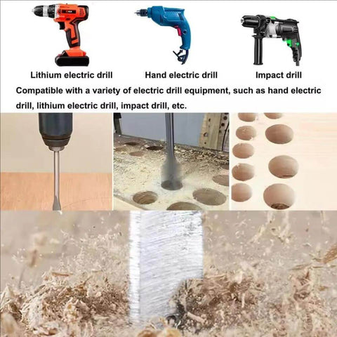 Various electric drills with a spade bit creating clean holes in wood, showing compatibility with the Six Piece Spade Drill Bit Set With Quick Change Hex Shank For Woodworking, Sizes Three Eighths To One Inch, Flat Paddle Bits For Clean Holes, Built Tough Carbon Steel Construction.