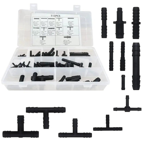 113 Piece Vacuum Connector Assortment Kit For Auto Hoses With 12 Sizes Of Tee And Straight Nylon Fittings in a case.