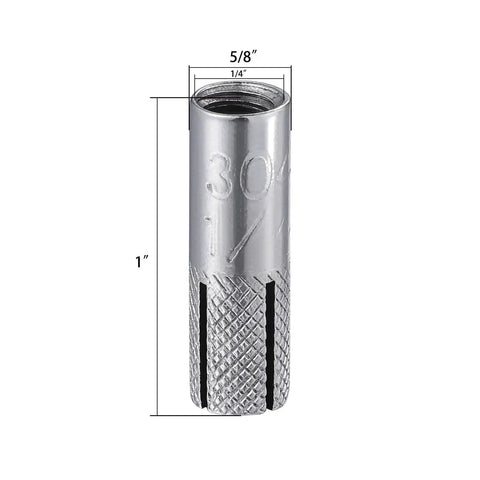 20 Pack One Quarter Inch Premium Stainless Steel Knurled Drop-In Anchors For Solid Concrete Internal Forced Expansion Heavy Duty Concrete Fasteners Easy Install Rust Resistant, close-up view of one anchor with measurements