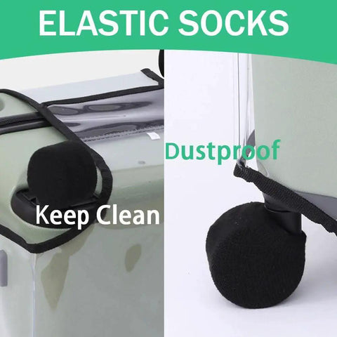 Elastic socks on suitcase wheels from the 8 Piece Luggage Replacement Wheel Set to keep them dustproof and clean.