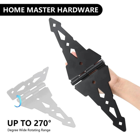 Person holding 8 Inch Heavy Duty Gate Hinge For Wood Gates And Fences Black with 270° swing, steel construction