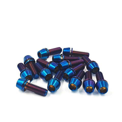 Six Piece Pro Grade Titanium Stem Bolt Kit With Blue Tapered Head Washers M5x20mm Allen Hex 4mm 8.5mm Head Diameter 0.8mm Pitch Grade 5 Titanium