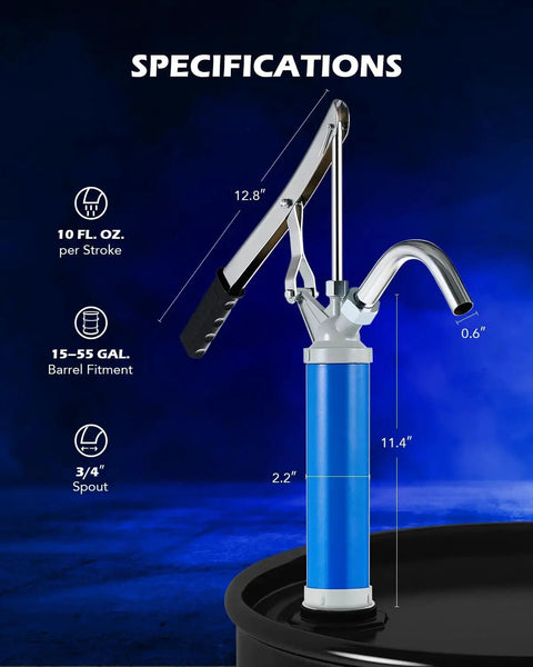 Lever Action Barrel Pump With Telescoping Suction Tube For 15 To 55 Gallon Drums, shown with specifications on blue background