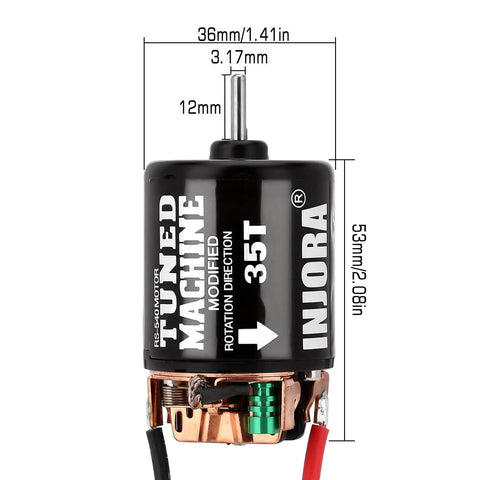 Close-up view of 540 Brushed Motor 35T Waterproof For 1 By 10 RC Crawler Cars, showing direct solder tabs, dimensions labeled.
