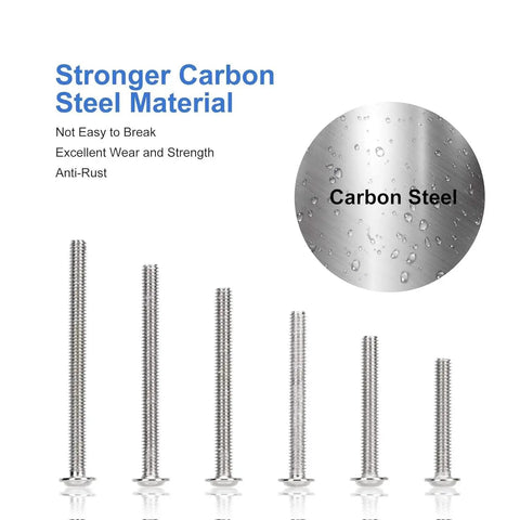 M4 Cabinet Screws Assortment Kit 25 To 50 Mm 100 Pcs Pan Washer Head Phillips Machine Screws shown with carbon steel material