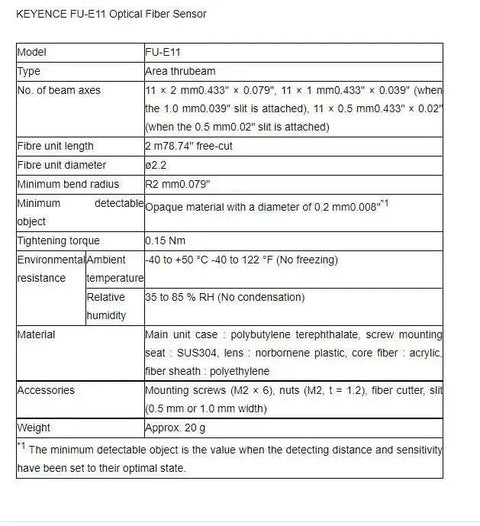 Technical specifications sheet for Keyence FU-E11 Optical Fiber Sensor with area thrubeam, 11 beam axes, 2.2 mm fiber diameter.