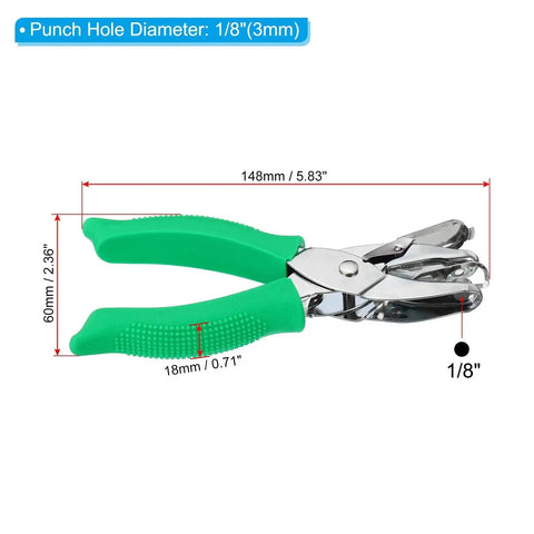 Green 3mm Round Hole Punch Handheld Paper Puncher with soft grip, non-slip removable handle, showing dimensions, ideal for DIY crafts.