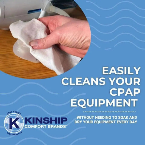 Hand using CPAP Mask Cleaning Wipes Unscented Lint Free Towelettes for Masks and Tubes 150 on CPAP equipment