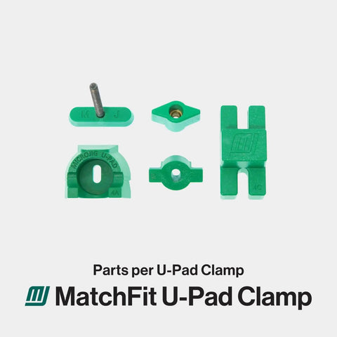 Individual components of the Matchfit U-Pad Low Profile Clamp System For Dovetail Track Workholding On CNC Routers And Router Tables Built Tough For Inline Glue-Up Jig Fixture Hardware Kit 2-Pack CN-P4K2.