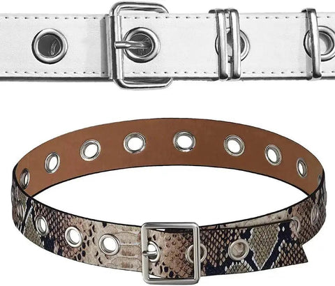 Two belts featuring metal grommets, one white leather and one snake print, showcasing the All-In-One One-Eighth Inch Metal Grommets And Eyelets Kit.