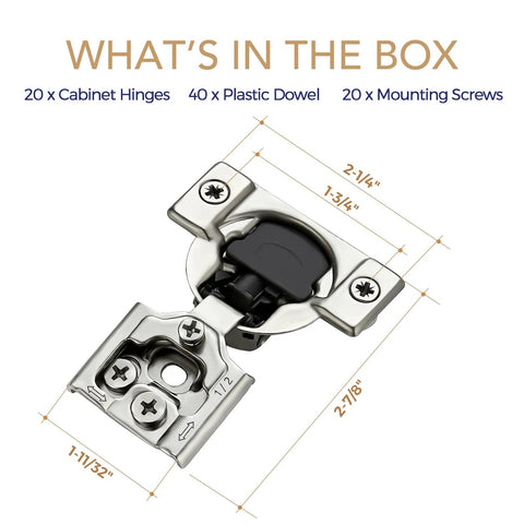 Concealed satin-nickel cabinet hinge with soft-close damper and mounting plate