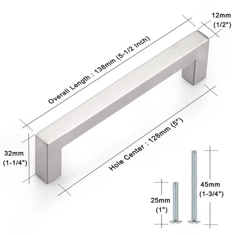 Square Kitchen Cabinet Handles Brushed Nickel Stainless Steel Euro Bar Pulls with size dimensions and screws included