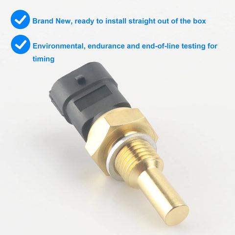 Coolant temperature sensor (ECT) with brass threaded body and black plastic connector.