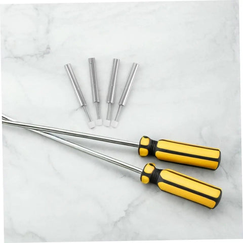 Yellow and black screwdrivers with four metal rods on marble surface
