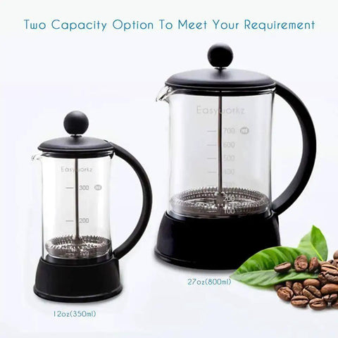 Two French Press Coffee And Tea Makers, 12 oz and 27 oz, with borosilicate glass and stainless steel mesh, side view.
