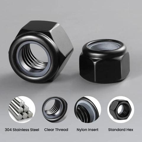 50 Pack M8 X 1.25 Nylon Insert Lock Nuts DIN 985 Black Zinc Plated Self Locking Hex Nylock Nuts Coarse Thread