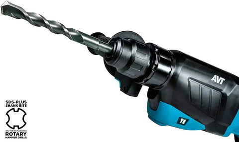 Close-up of Makita AVT rotary hammer with Aggressive Concrete Drilling With A 5 Piece SDS Plus Bit Set showing SDS-Plus attachment.
