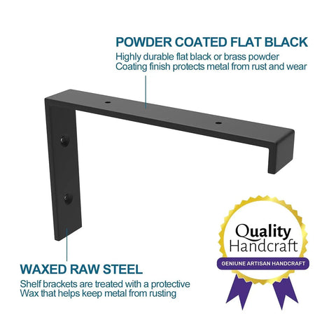 12 Inch Heavy Duty Floating Shelf Brackets Set of 6 Industrial Black Iron Wall Mounted Shelf Supports One Fifth Inch Thick Metal Brackets for Sturdy Shelves Up to 160 to 200 Lbs Per Pair illustrated with powder coated, rust-resistant finish.