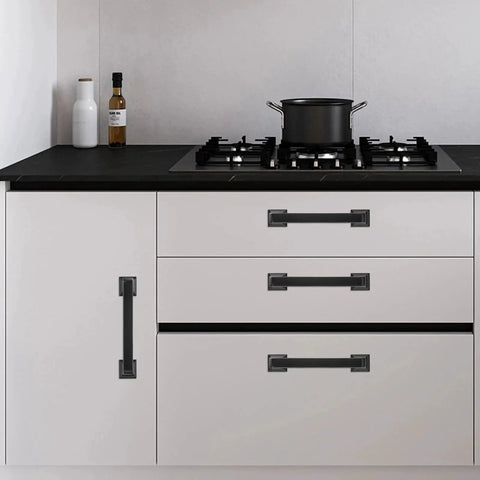Modern kitchen with 10 Pack Matte Black 5 Inch 128mm Cabinet Handles Zinc Alloy Drawer Pulls on white cabinets.