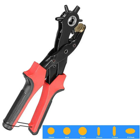 Nine Inch Heavy Duty Leather Hole Punch Set with Rotating Wheel, Six Punch Sizes, Comfortable Grip Pliers, Rust Resistant Plated Steel