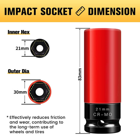 21mm One Half Inch Drive Wheel Protector Impact Socket Set Non Marring Lug Nut Thin Wall Deep Sockets Chrome Molybdenum Steel