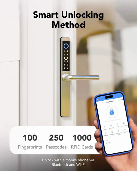 Smart Fingerprint Door Lock With Keypad For Front Door, Childproof Deadbolt To Prevent Escape, IC Card Access, 40 To 90 Mm Multipoint Locking System, Works For Home Security, Not For Patio Mortise Lock, Silver Finish installed on door with phone app