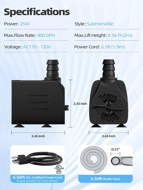 Specifications of Ultra Quiet 400GPH Submersible Water Pump For Pond, Fountain, Aquarium, And Hydroponics With 6.56 Ft Lift