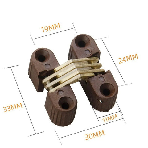 Brown 6 Pack Hidden Folding Door Barrel Cross Hinges For Dining Tables Plastic Invisible Concealed Hinges with measurements