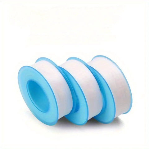 Three rolls of PTFE thread seal tape with blue cores, visible side view. Ten Rolls PTFE Thread Seal Tape For Plumbing And Shower Heads Half Inch Wide Five Hundred Twenty Inches Each Roll Heavy Duty Leakproof Pipe Dope Tape For Water And Air Lines DIY Friendly.