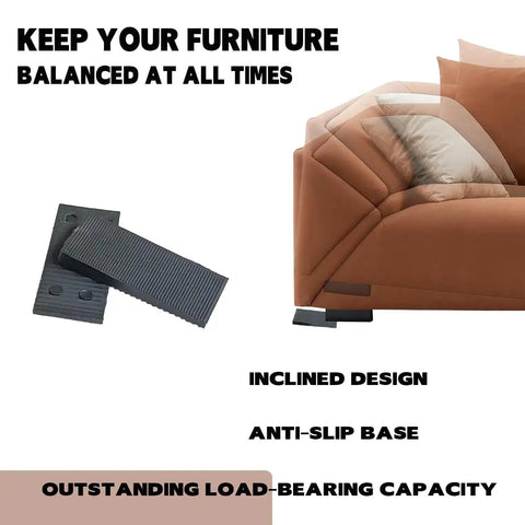 Leveling Small Wedge Set For Furniture, hard plastic leveling fittings under sofa, showing anti-slip base and load-bearing capacity.