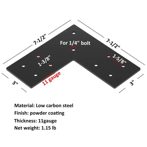 4 Pack Flat Mending Plates For 4x4 Posts Heavy Duty L Shaped Corner Braces Post To Beam Connectors Seven And A Half Inch Long By Three Inch Wide 11 Gauge Carbon Steel Powder Coated Black, showing detailed dimensions and specifications on a black background.