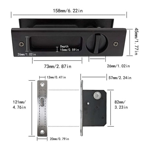 Privacy Pocket Door Lock Hardware In Matte Black, 6.3 Inch Recessed Pocket Sliding Door Handle With Keys, dimensions shown