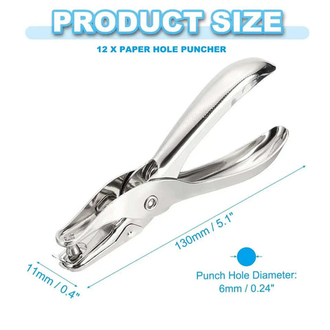 1/4 Inch Single Hole Punch Kit, 12 Pack Handheld Metal Paper Puncher For Tags, DIY Crafts, Scrapbooking, 6mm Hole Diameter, Silver Finish