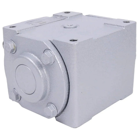 Front view of 40 HP Right Angle Bevel Gearbox With 2 Keyed Shafts CW And CW 1 To 1 1800 RPM, showing its compact design.