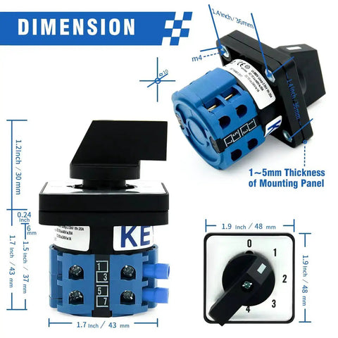 Rotary Changeover Switch Five Position Two Pole Eight Terminal Industrial Heavy Duty Selector Switch 660V 20A dimensions shown