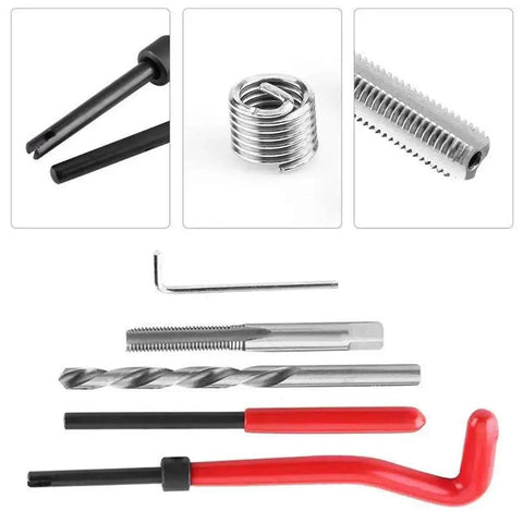 30 Piece Metric Thread Repair Kit for M3 M4 M7 M9 M11 Helicoil Style Inserts with tools and red handle in view