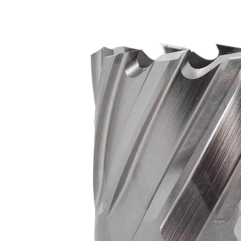 Close-up of Annular Cutter One And Eleven Sixteenths Inch Diameter With One Inch Cutting Depth For Magnetic Drill Press Three Quarter Inch Weldon Shank With Two Flats Pilot Pin Included Dual Teeth Thin Wall Design For Faster Holes Oscarbide.
