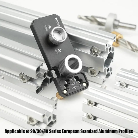 Aluminum Profile Drill Guide With M6 And M8 Step Drill Bits for 20, 30 And 40 Series European Standard Aluminum Extrusion Profiles shown with profiles