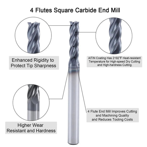 4 Flutes Square Carbide End Mill with AlTiN Coating for alloy and hardened steels, shown from front, highlighting rigidity and wear resistance.