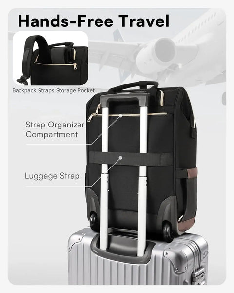 Sleek Rolling Laptop Backpack For Women With Wheels, showing strap organizer and luggage strap on travel suitcase background.