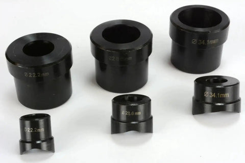 Die set from Heavy Duty Metal Stud Punch Kit with three die set for 0.875 in, 1.125 in, and 1.34375 in holes, 20 gauge steel punching.
