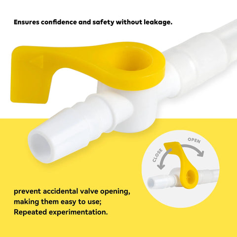 Catheter valve with yellow lever and connected tubing; white sterile plastic, 10-pack.