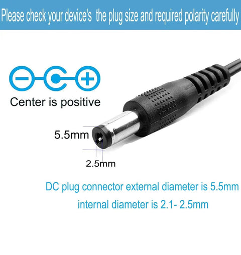 5.5mm plug end of a 9V DC Power Supply 1A AC Adapter 100 240V Input 50 60Hz 9V Output 1A Max 10W With center positive polarity