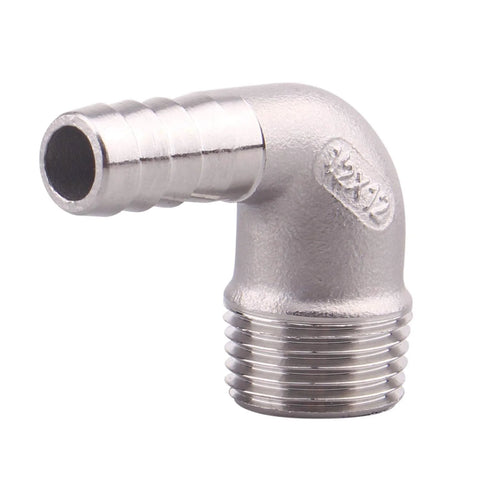 Stainless steel 90-degree elbow with 1/2 in hose barb and 1/2 in male NPT pipe fitting.