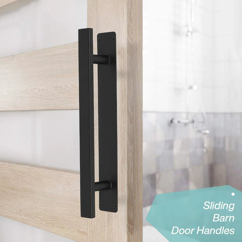 Heavy Duty 12 Inch Metal Gate Pull Handles Pack Of 2 In Matte Black Iron Finish installed on a wooden sliding barn door