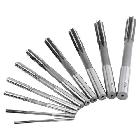 Pro Grade 10-Piece HSS H7 Reamer Set for precise bore machining in iron, plastic, wood, copper, and aluminum, displayed in size order.