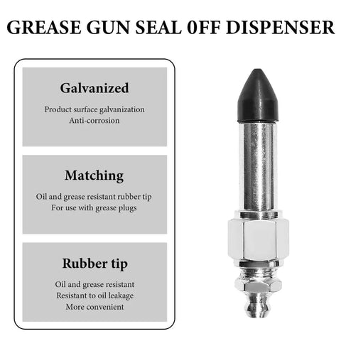 Close-up of Grease Gun Seal Off Dispenser with galvanized surface and rubber tip for oil resistance.